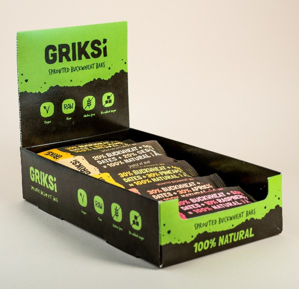 BIO Diedzētu griķu batoniņi. Piecu veidu MIX – kaste 25 gab.